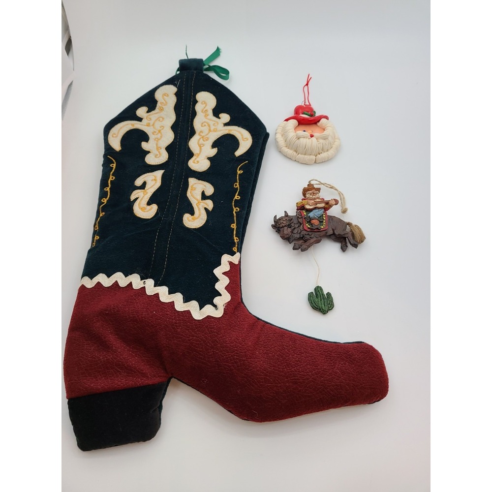 Cowboy Boot Stocking With 2 Vintage Ornaments